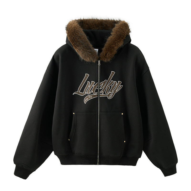 Cardydony Women's Fur Hood Zip Jacket for Women – Plush Streetwear, Oversized Cardigan