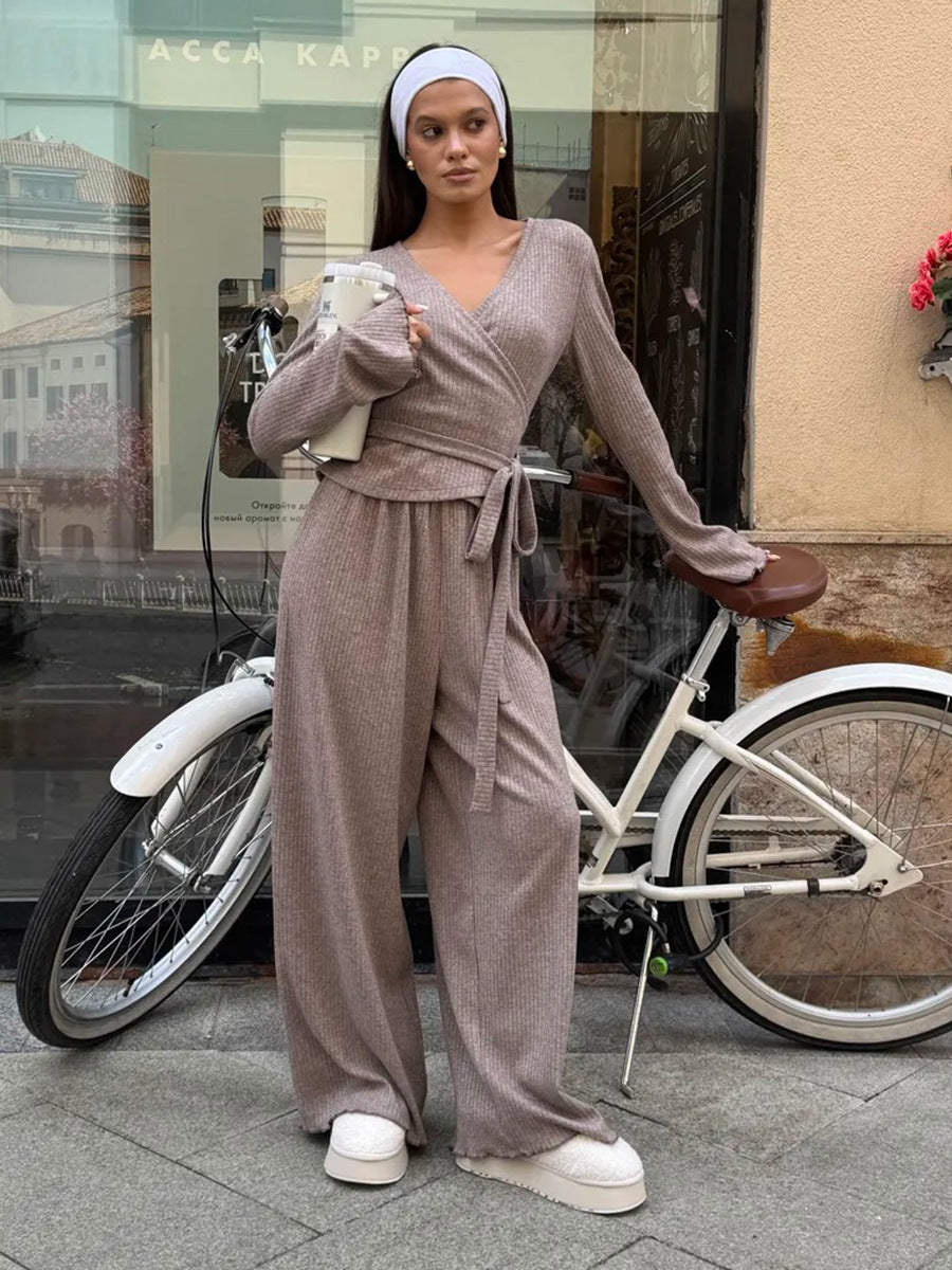 Cardydony Women's Gray Ribbed Knit Co Ord Set – Long Sleeve Crop Top & Wide Leg Pants