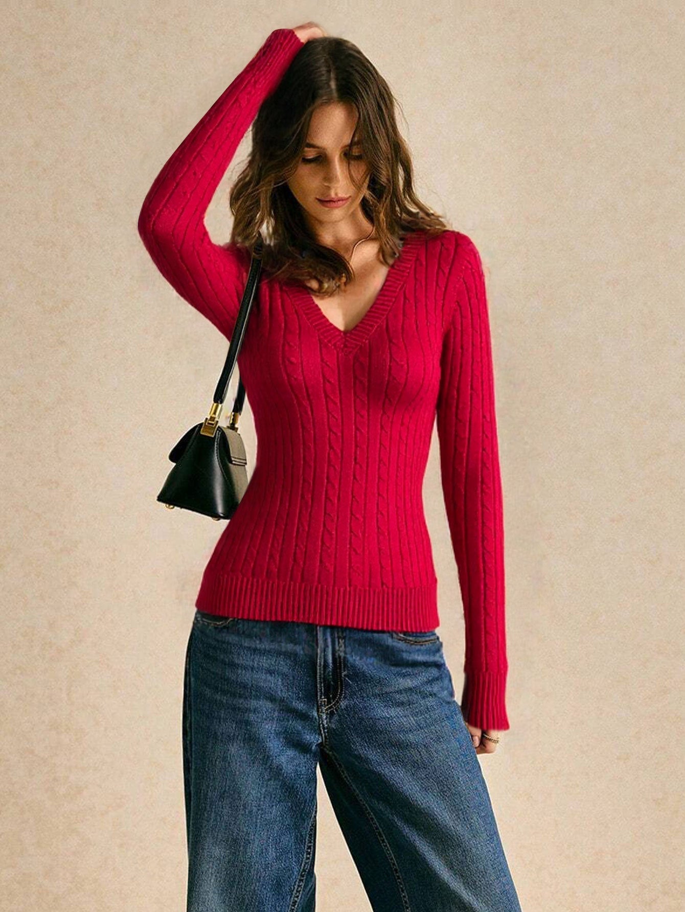 Cardydony Women's Women's Christmas Knit Sweater – Red Cable Knit V-Neck Pullover