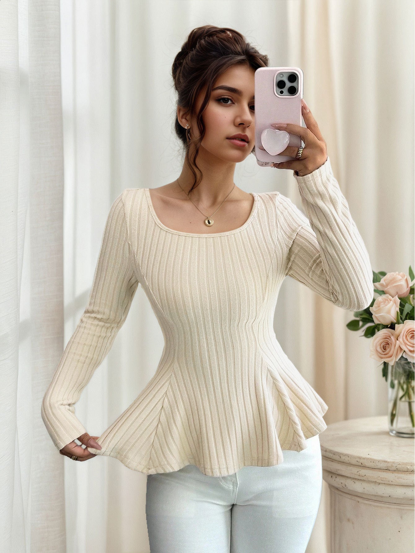 Cardydony Women's Women's Ribbed Long Sleeve Top – U Neck Peplum Flare Knit