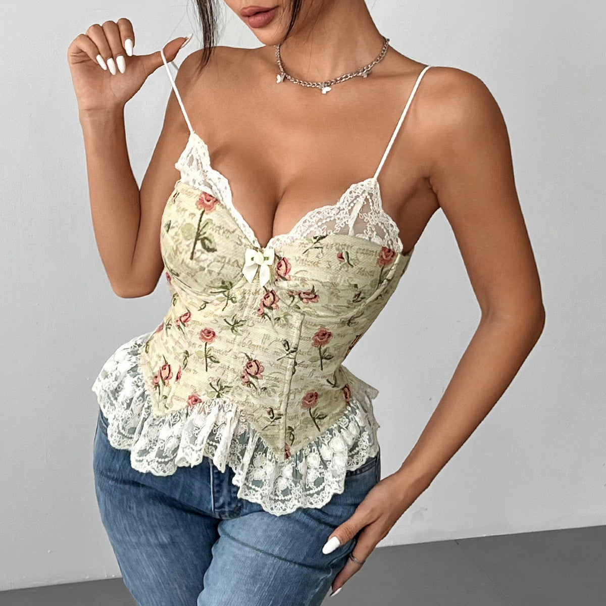 Cardydony Women's Strapless Floral Jacquard Corset Top | Sexy Lace Bustier Top for Women with Lace-Up Back