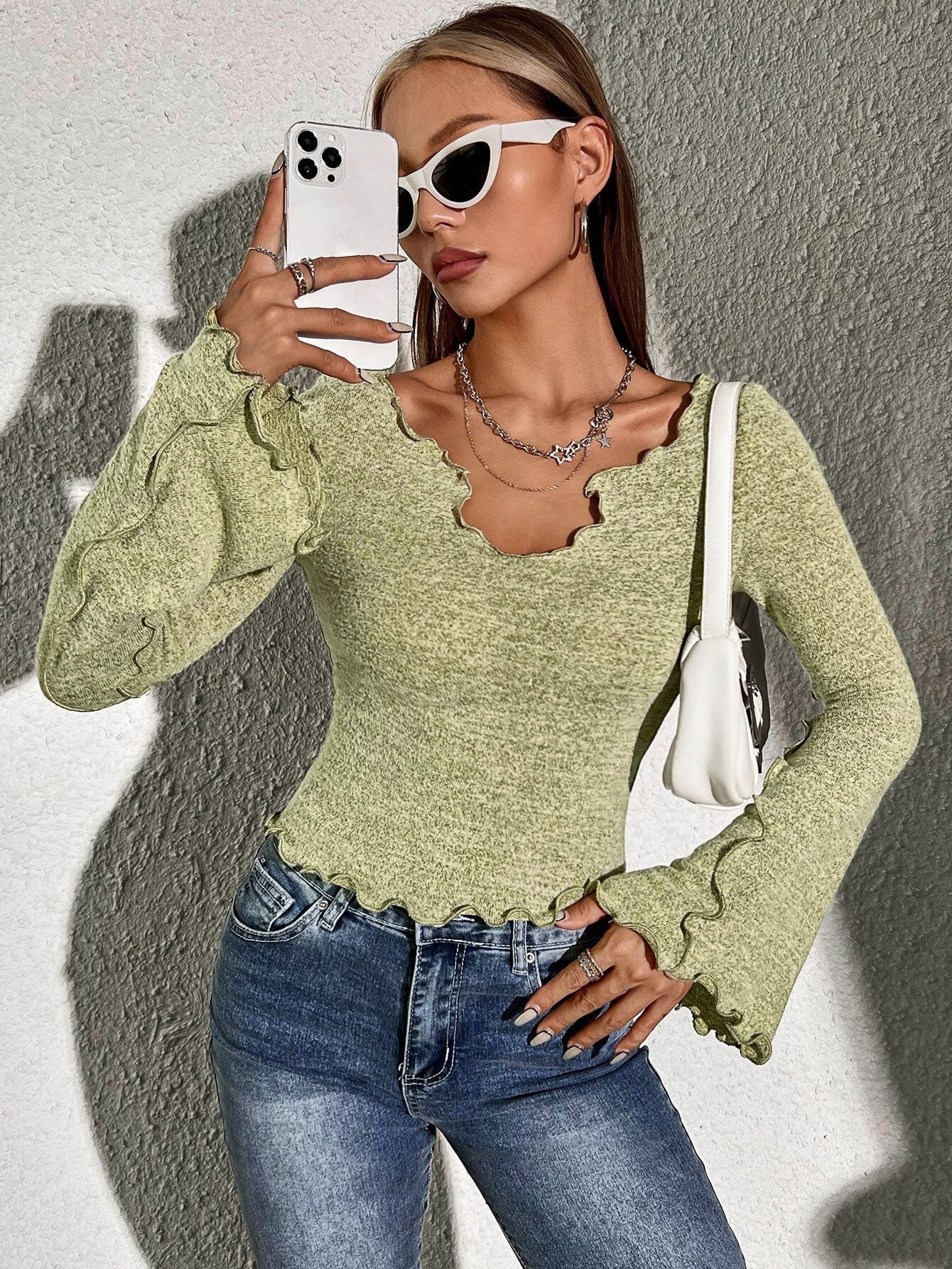 Cardydony Women's Shirt-Style Long Sleeve T-Shirt for Women – Slim Fit Bell Sleeve Green Top