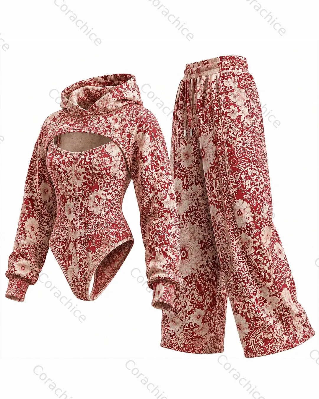 Cardydony Women's Floral Vintage Print Irregular Cut Two-Piece Jumpsuit & Pants