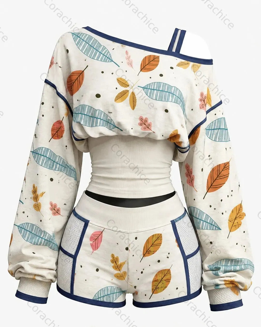 Cardydony Women's Floral-Print Long-Sleeve One-Shoulder Sweatshirt and Shorts Two-Piece