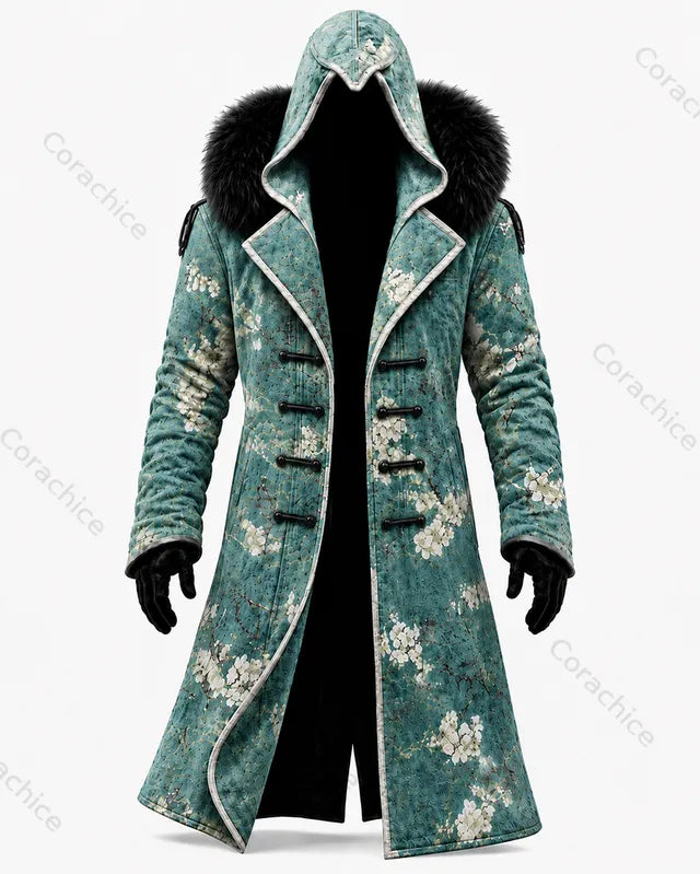 Cardydony Men's Autumn/Winter Retro Japanese Art Print Faux Fur Collar Long Hooded Coat
