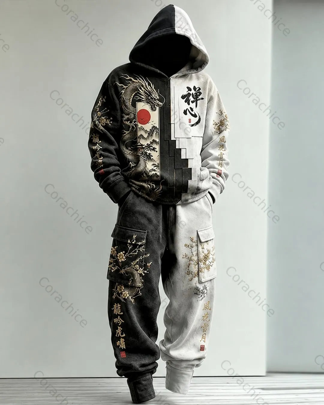 Cardydony Men's Fall and Winter Japanese-Style Printed Hooded & Pants Two-Piece Set3211