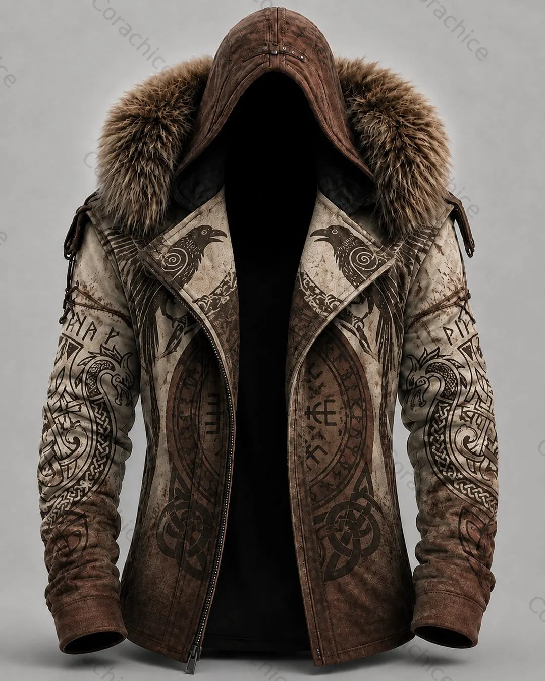 Cardydony Men's Autumn/Winter Viking Style Casual Faux Fur Collar Hooded Jacket