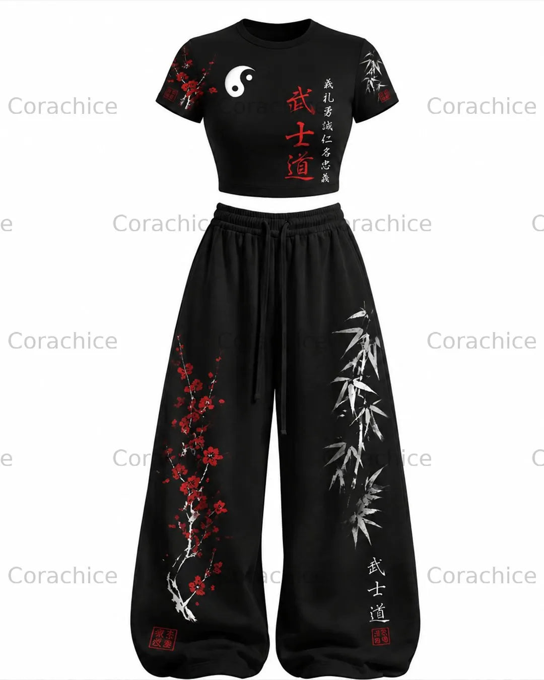 Cardydony Women's Japanese-Style Printed Short-Sleeve Top and Pants Two-Piece Set