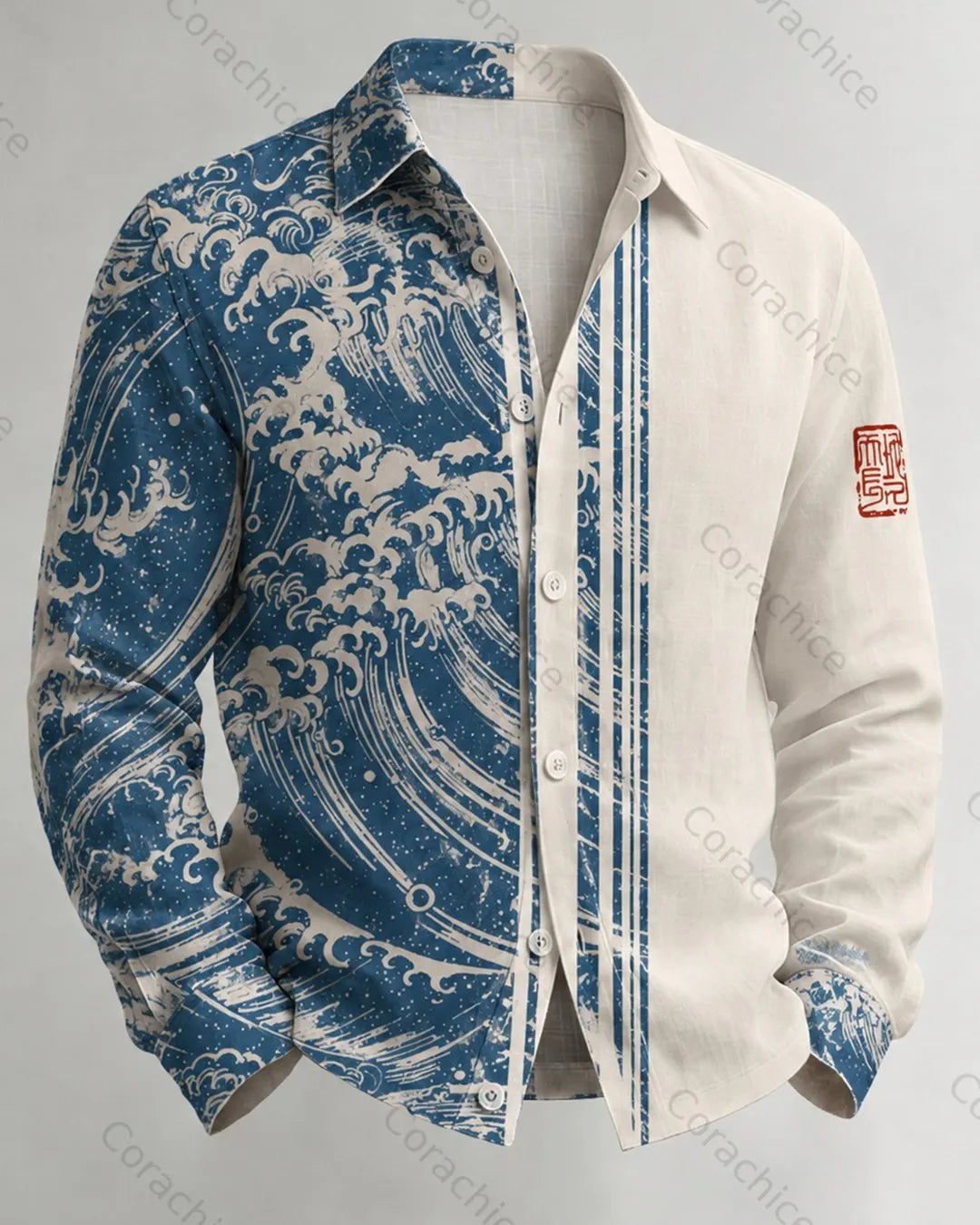 Cardydony Men's Japanese-Style Printed Linen Shirt