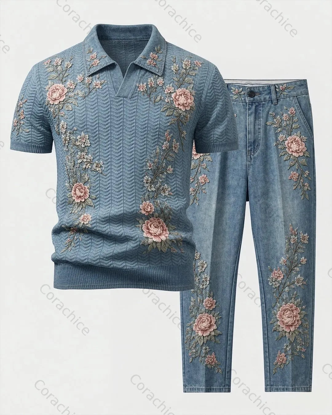 Cardydony Men's Japanese Retro Art Embroidery Short-Sleeve Polo Shirt & Pants Two-Piece