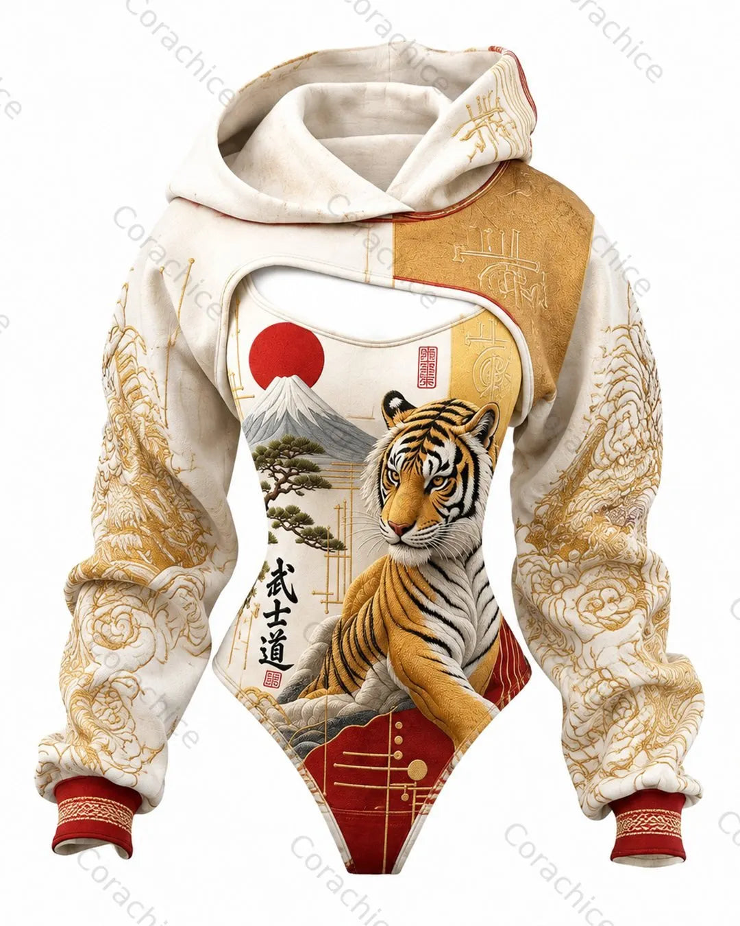Cardydony Women's Japanese-Style Printed Fitted Hooded Jumpsuit
