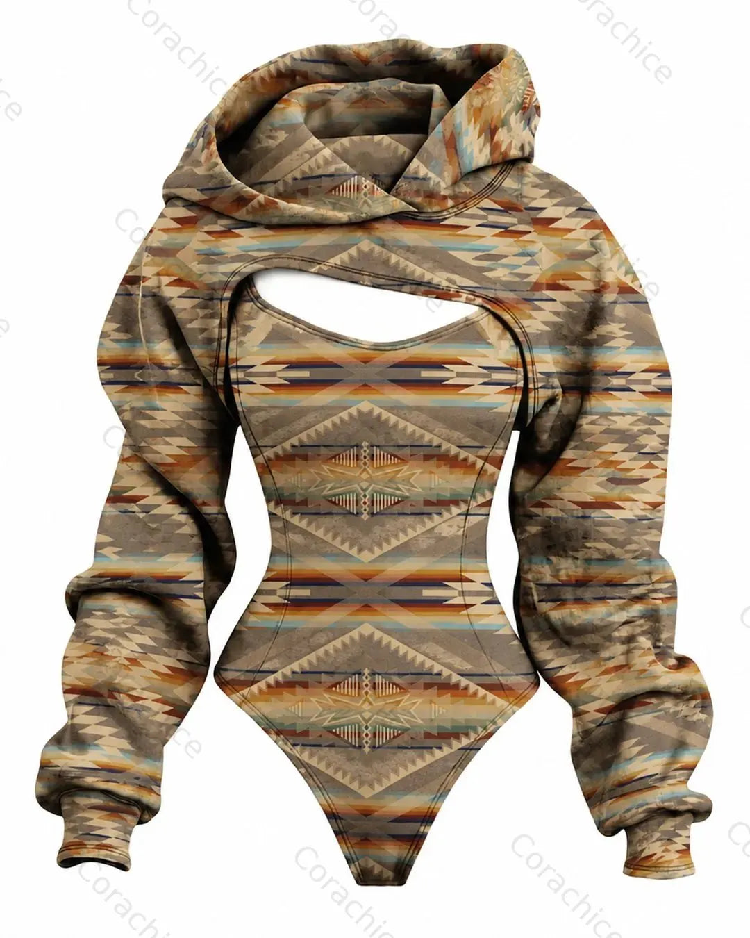 Cardydony Women's Western-Style Aztec-Print Fitted Hooded Jumpsuit