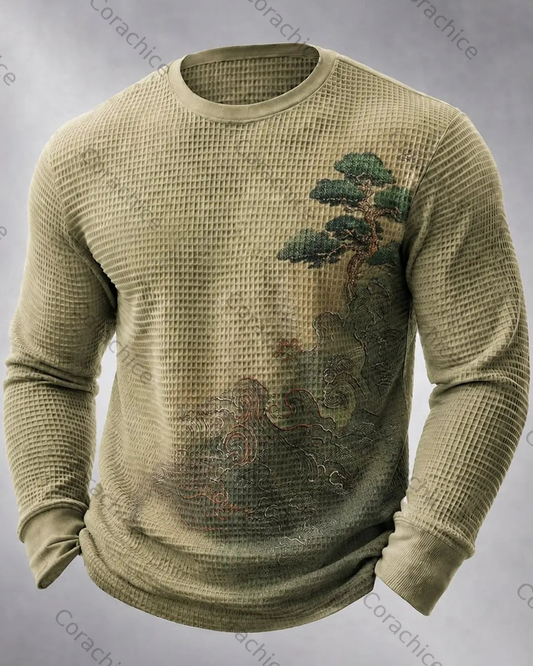 Cardydony Men's Japanese-Style Printed Casual Waffle-Weave Long-Sleeve T-Shirt