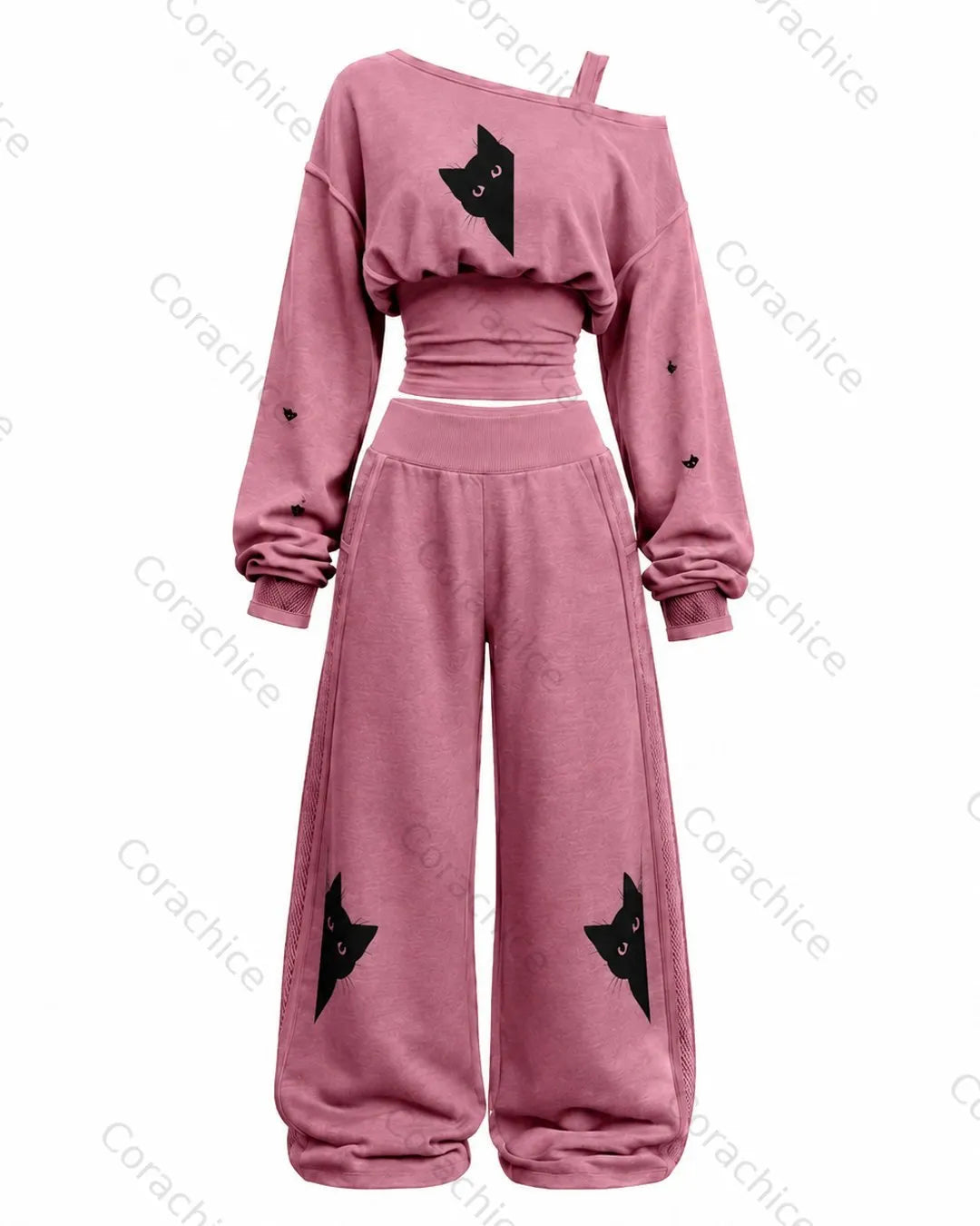 Cardydony Women's Japanese-Style Print Long-Sleeve Off-the-Shoulder T-Shirt and Pants Two-Piece
