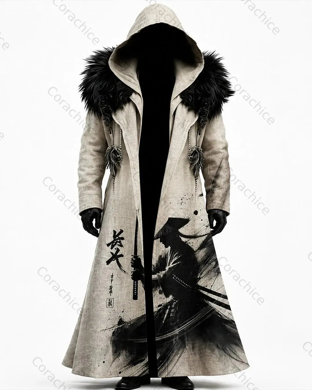 Cardydony Men's Autumn/Winter Retro Japanese Art Print Faux Fur Collar Long Hooded Coat
