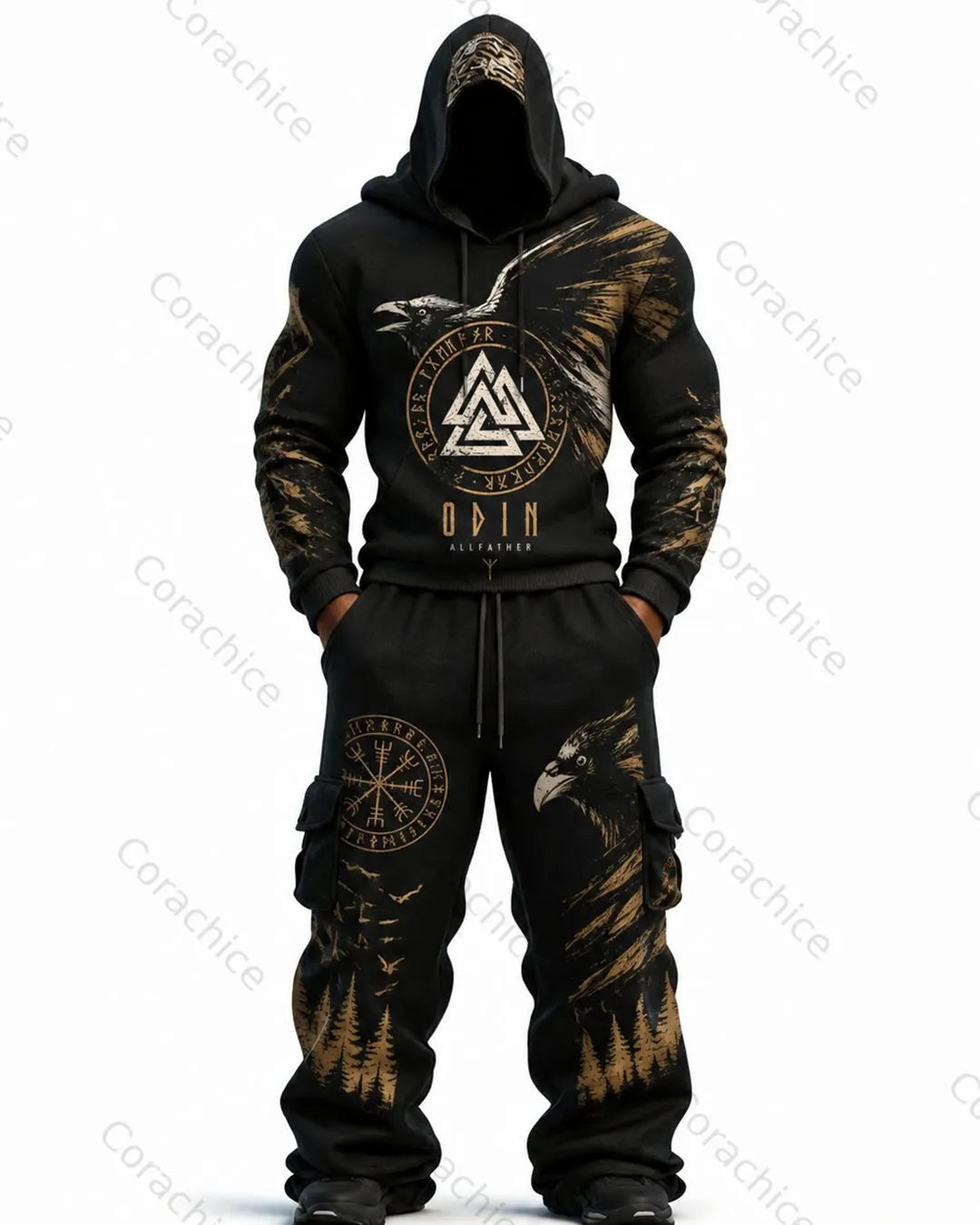 Cardydony Men's Fall/Spring Viking-Embroidered Hoodie and Pants Two-Piece