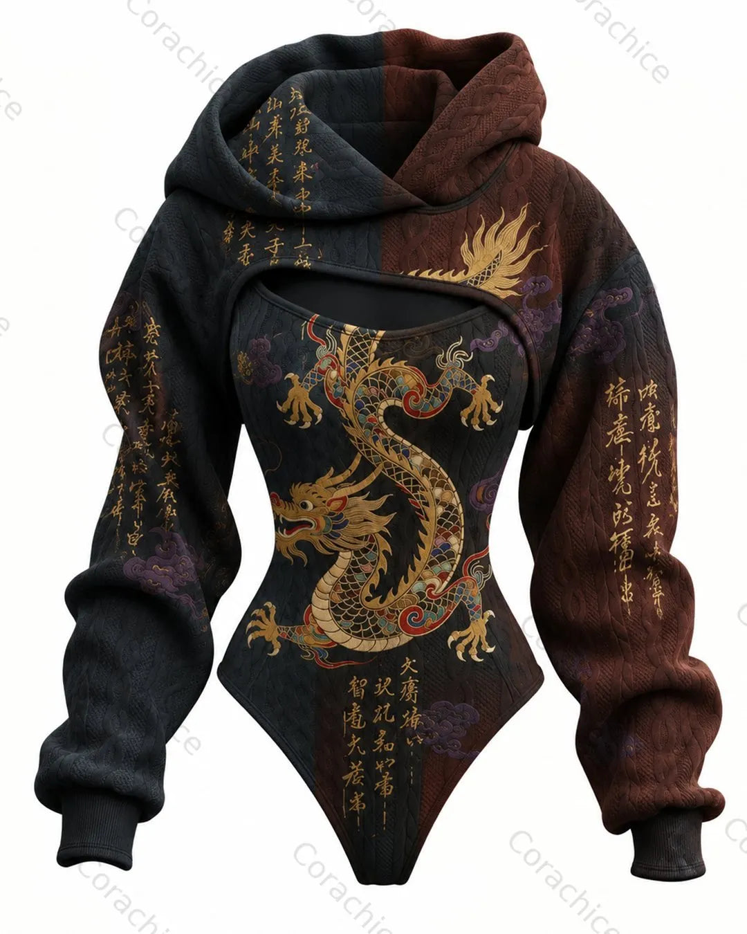 Cardydony Women's Japanese-Style Printed Knit Fitted Hooded Jumpsuit