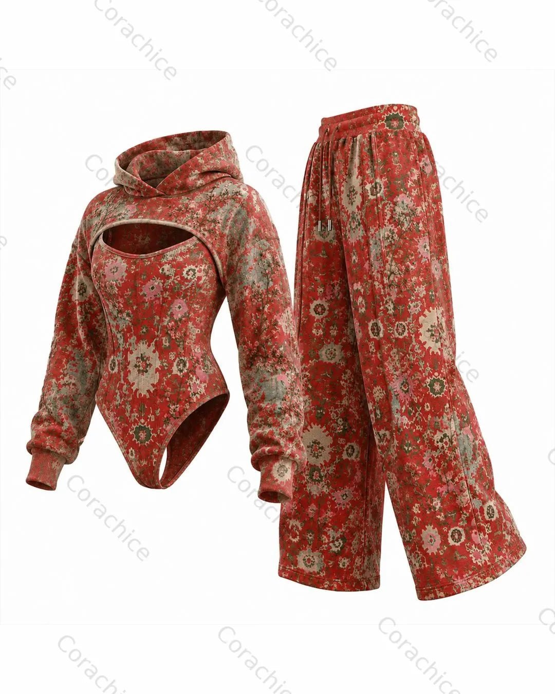Cardydony Women's Floral Vintage Print Irregular Cut Two-Piece Jumpsuit & Pants