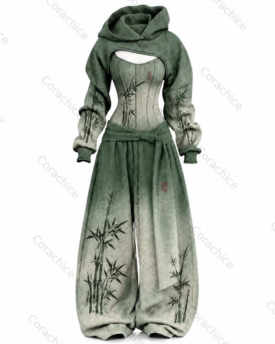 Cardydony Women's Japanese-Style Printed Long-Sleeve Fitted Jumpsuit and Pants Two-Piece