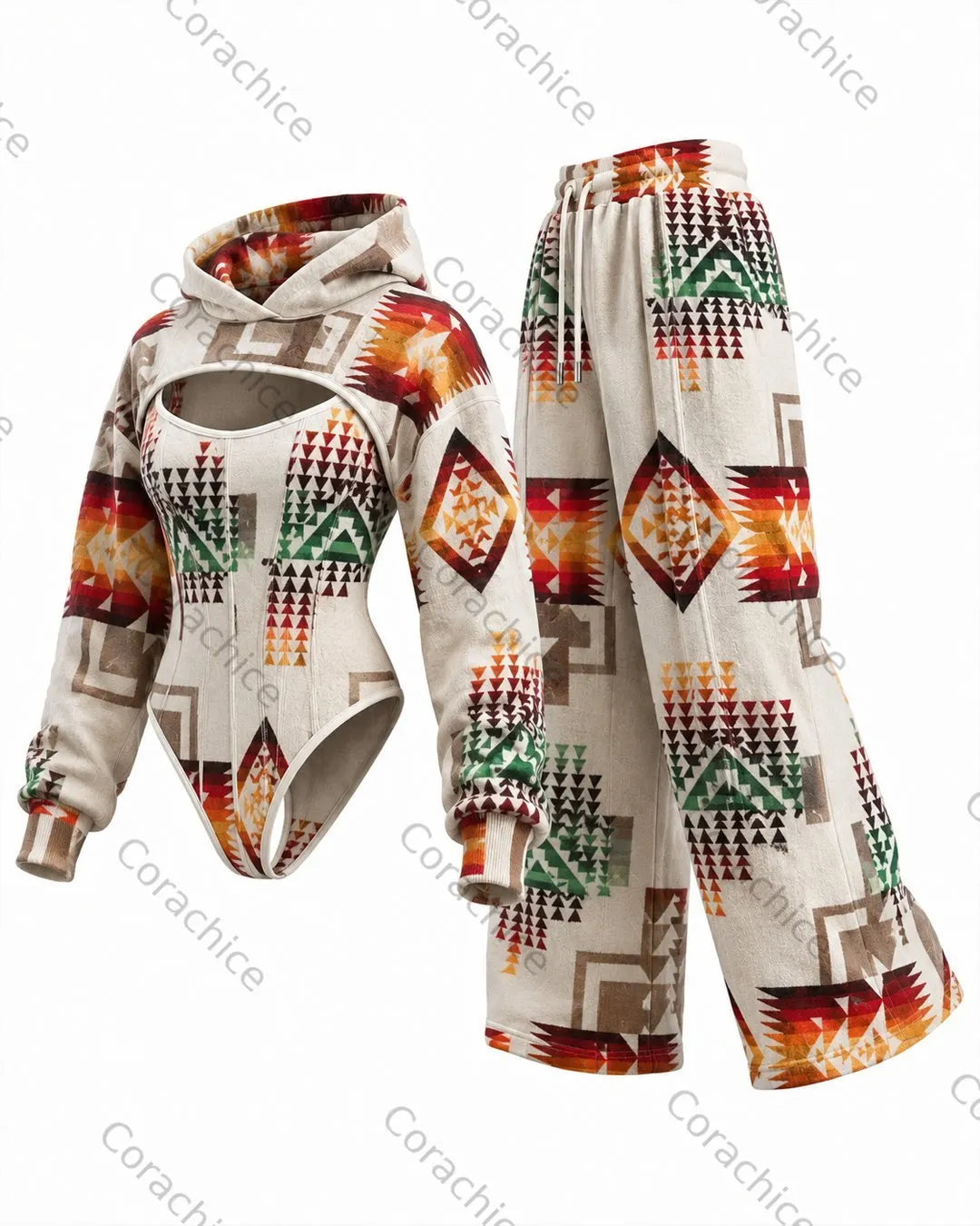 Cardydony Women's Western Retro Ethnic Geometric Print Irregular Cut Two-Piece Bodysuit & Pants