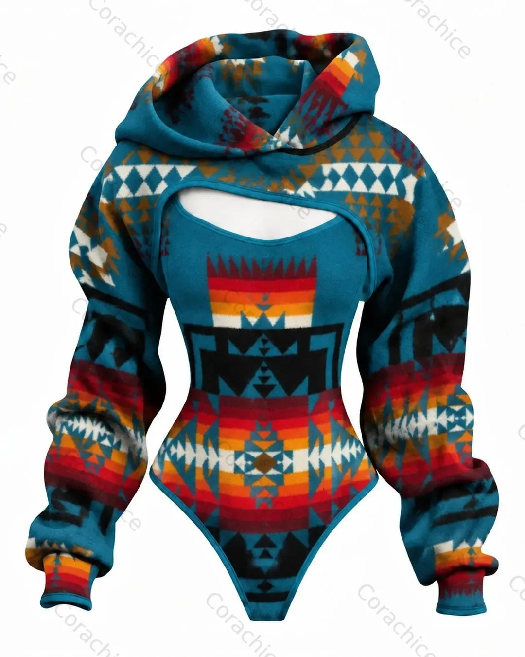 Cardydony Women's Western-Style Aztec-Printed Fitted Hooded Jumpsuit