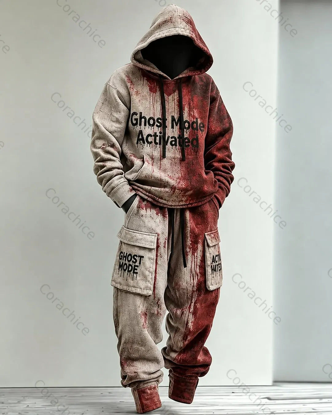 Cardydony Men's Halloween-Themed Printed Hoodie and Pants Two-Piece
