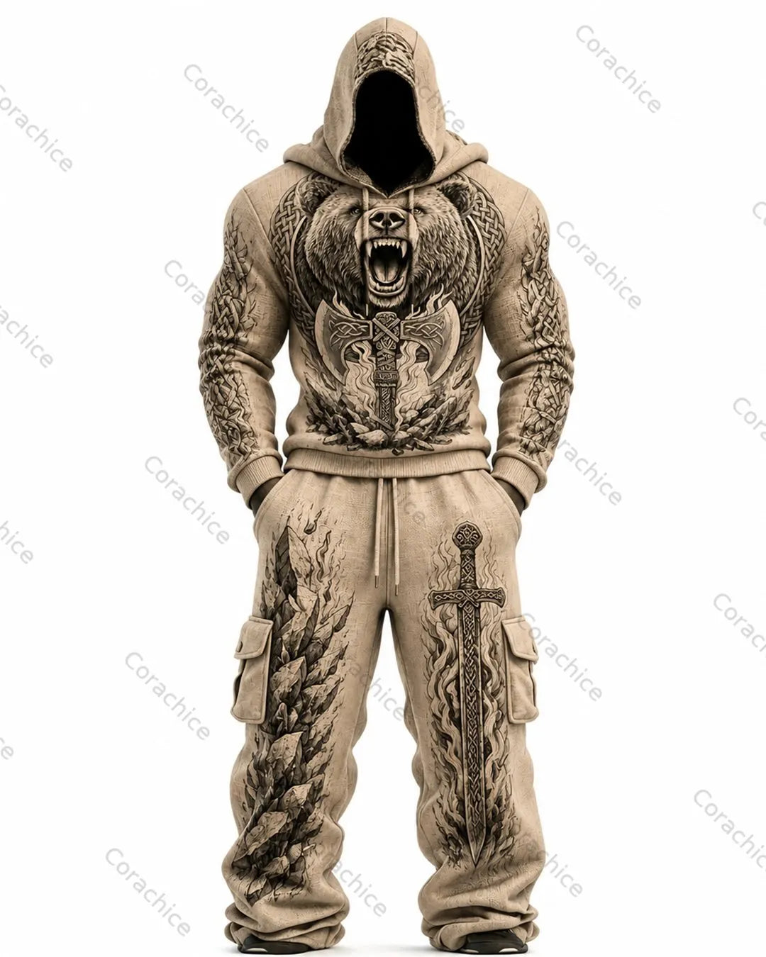 Cardydony Men's Viking Fall/Spring Color-Block Embroidered Hoodie and Pants Two-Piece