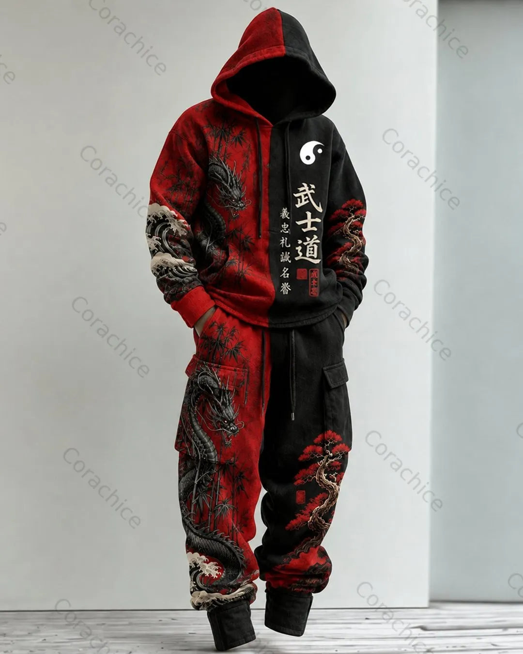 Cardydony Men's Fall and Winter Japanese-Style Printed Hoodie & Pants Two-Piece Set6152