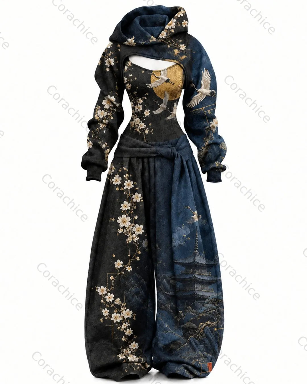 Cardydony Women's Japanese-Style Crane Embroidery Long-Sleeve Fitted Jumpsuit & Pants Two-Piece