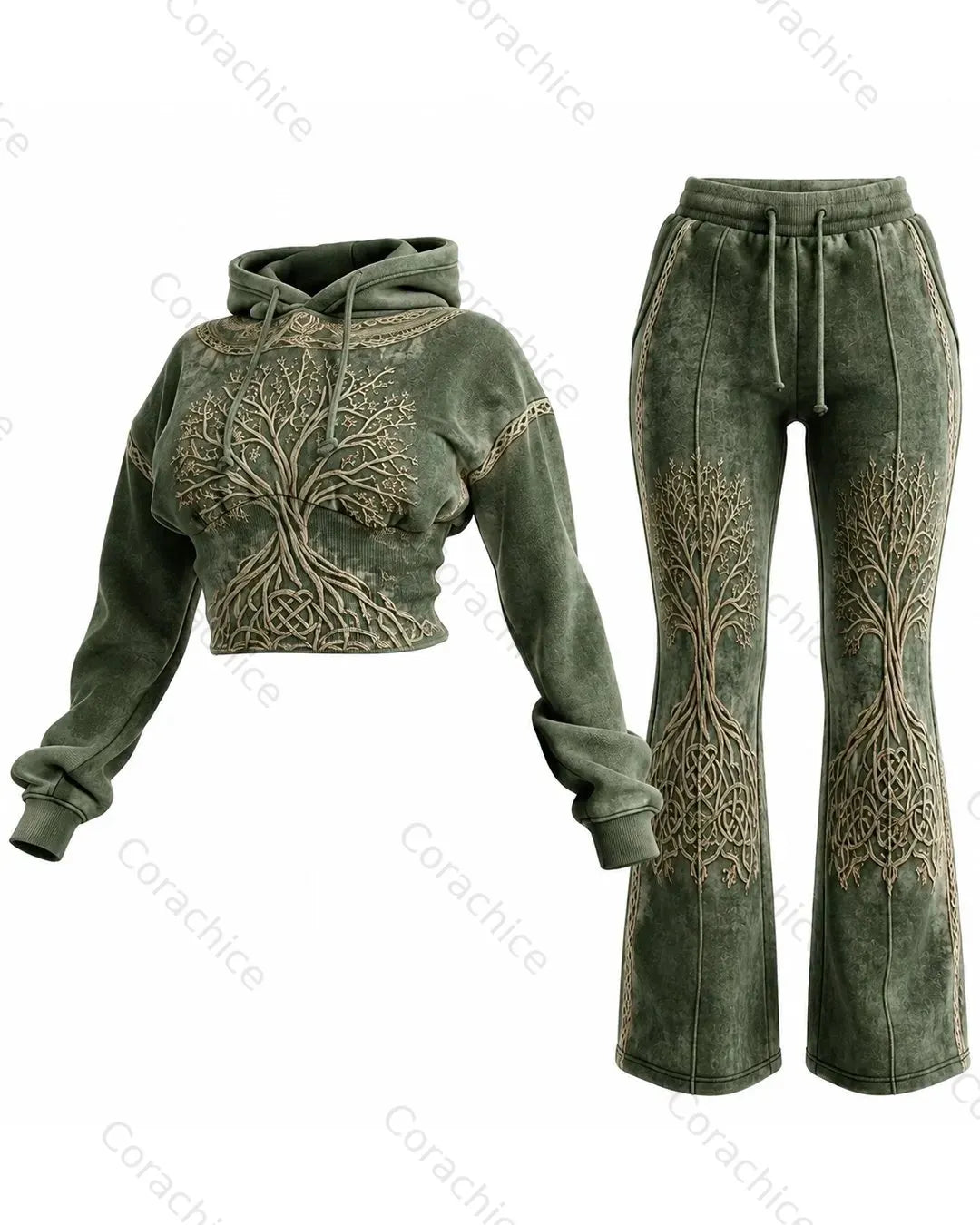 Cardydony Women's Viking Color-Block Embroidered Casual Hooded Sweatshirt and Pants Two-Piece