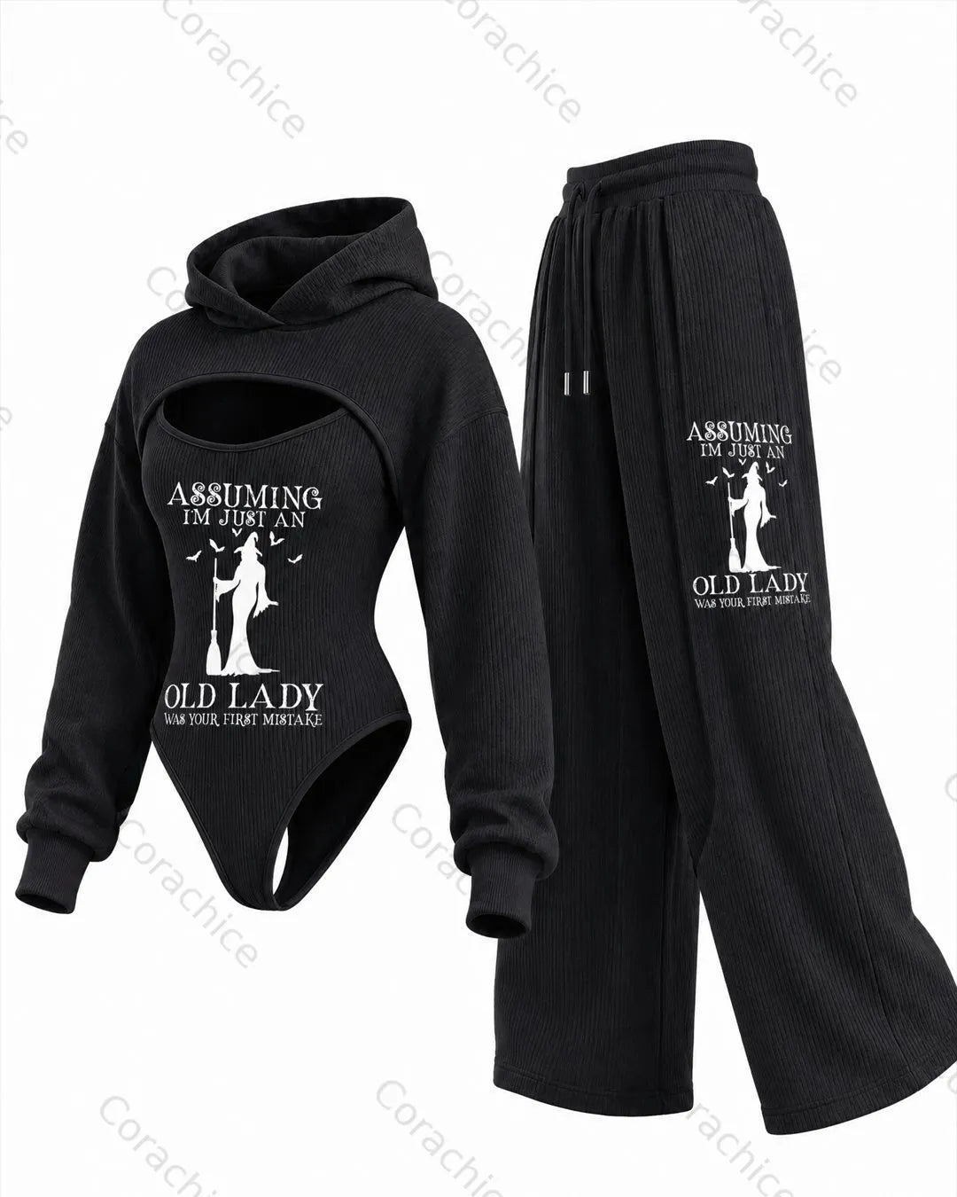 Cardydony Women's Halloween-themed witch print irregular cut two-piece bodysuit & pants