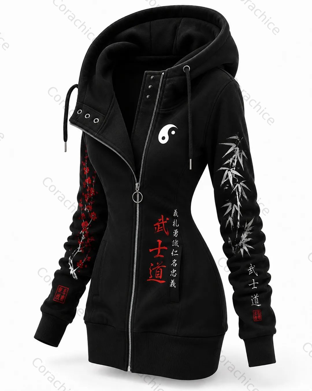 Cardydony Women's Japanese Retro Print Hooded Fitted Sweatshirt Jacket