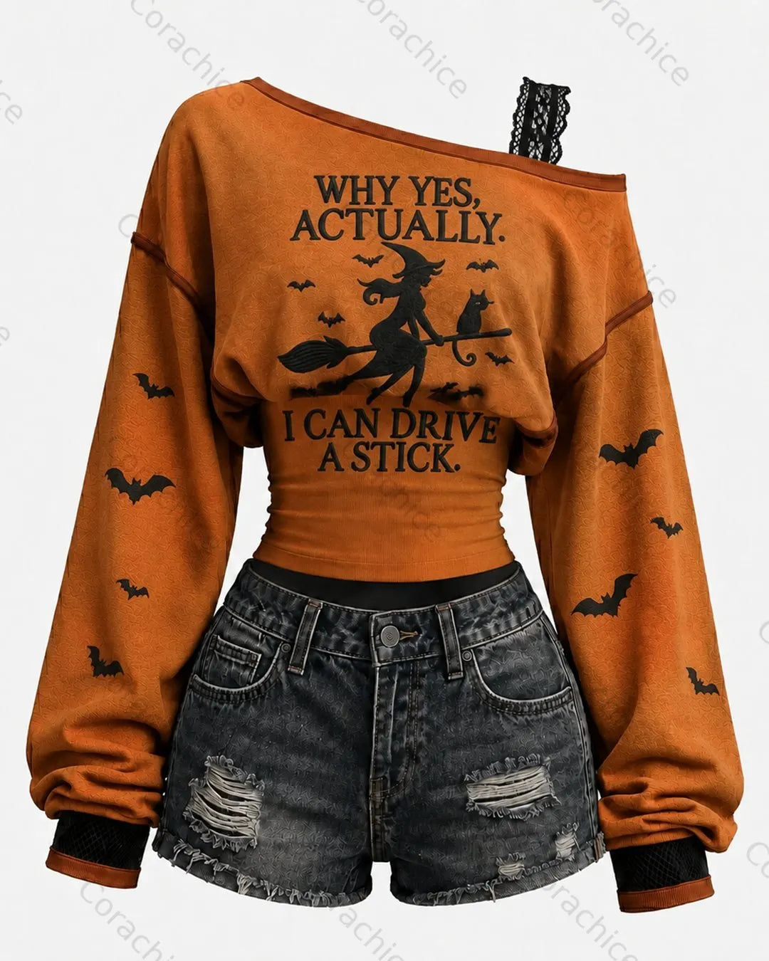 Cardydony Women's Halloween-Themed Print Color-Blocked Long-Sleeve Off-the-Shoulder T-Shirt
