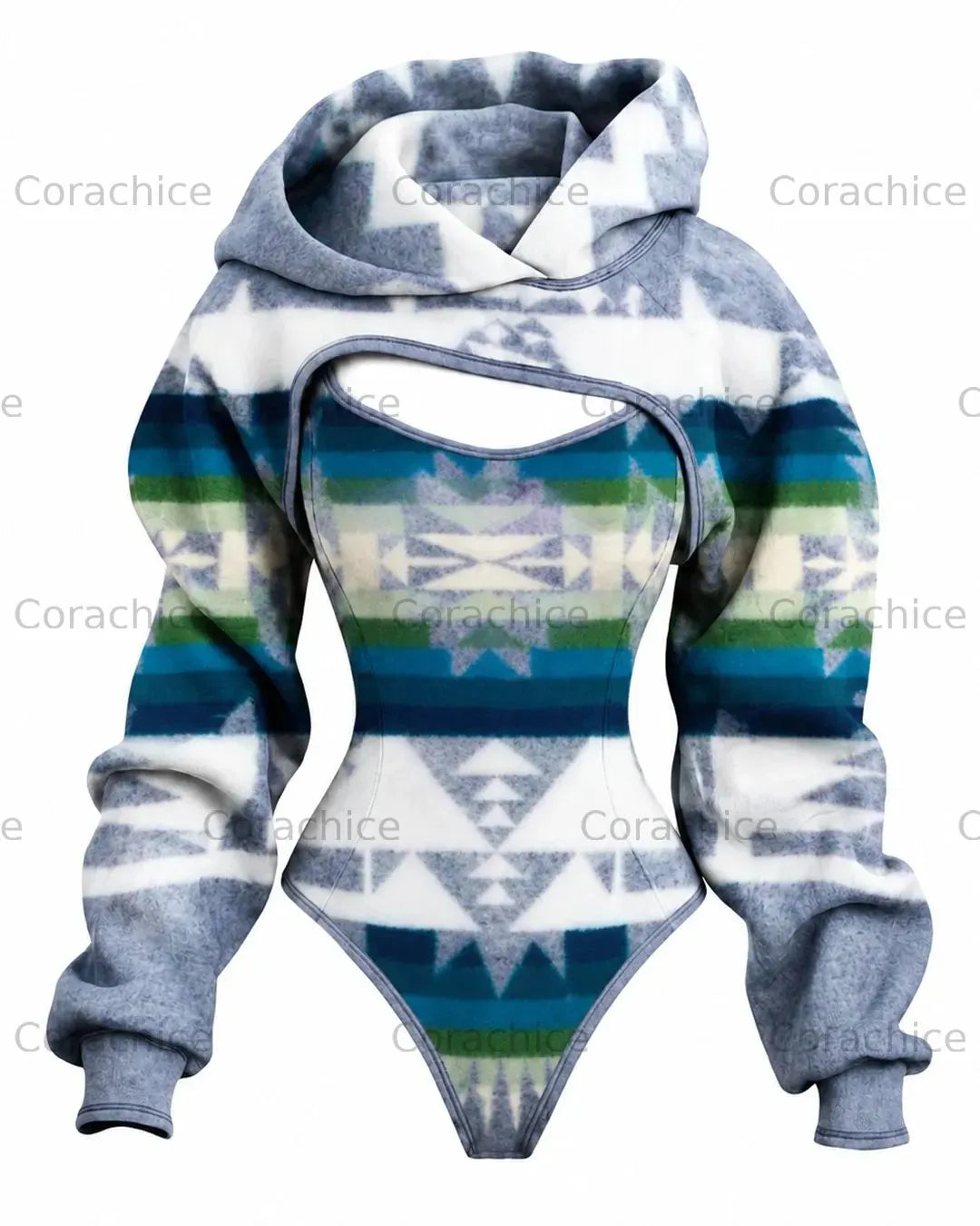 Cardydony Women's Western-Style Aztec-Printed Fitted Hooded Jumpsuit
