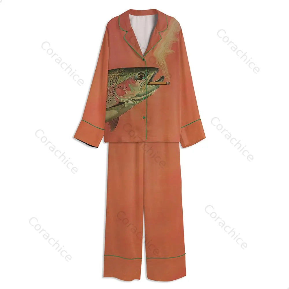 Cardydony Tokyover Trout Smoking A Cigarette Vintage Unisex Long Sleeve Satin Pajama