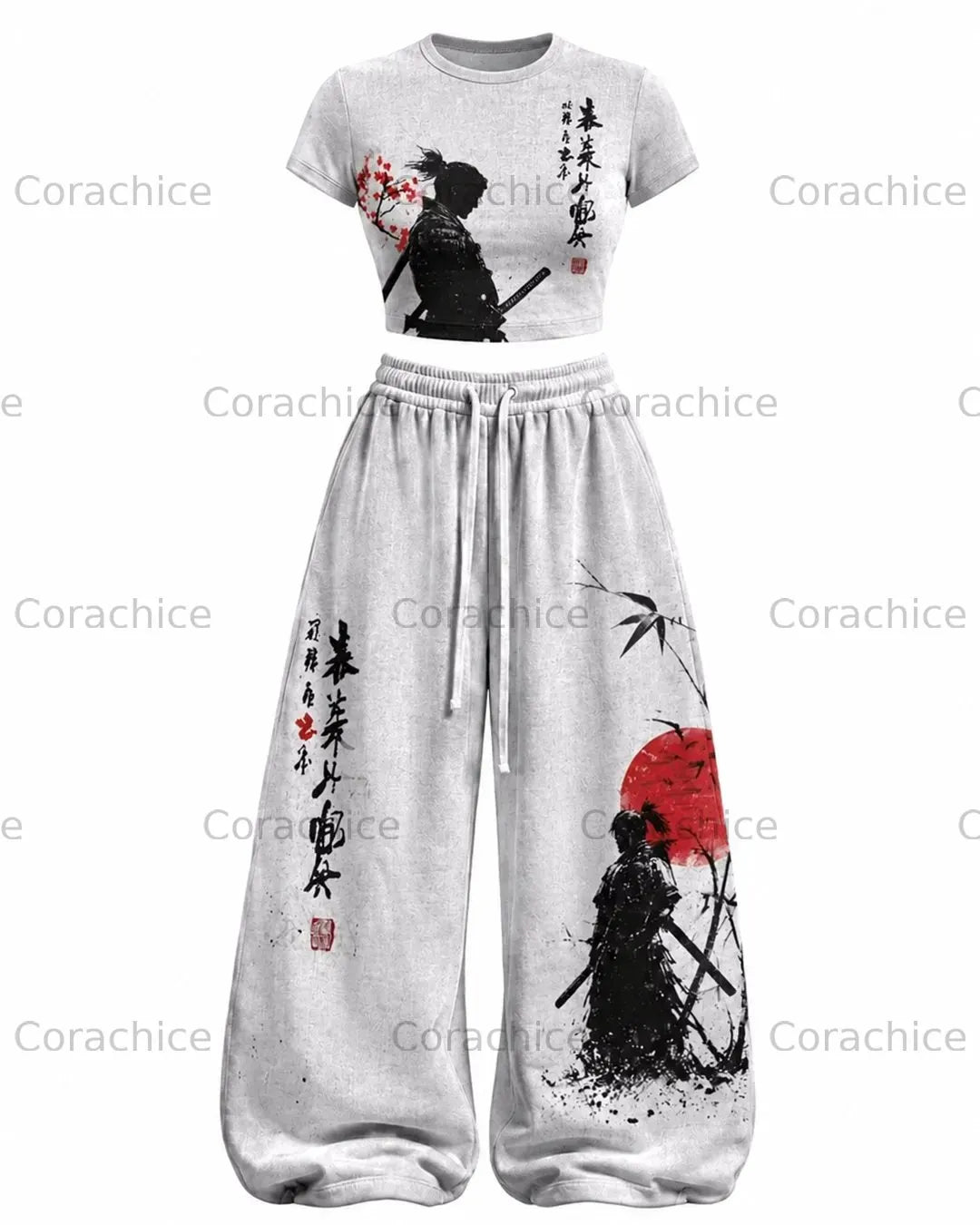 Cardydony Women's Japanese-Style Printed Short-Sleeve Top and Pants Two-Piece