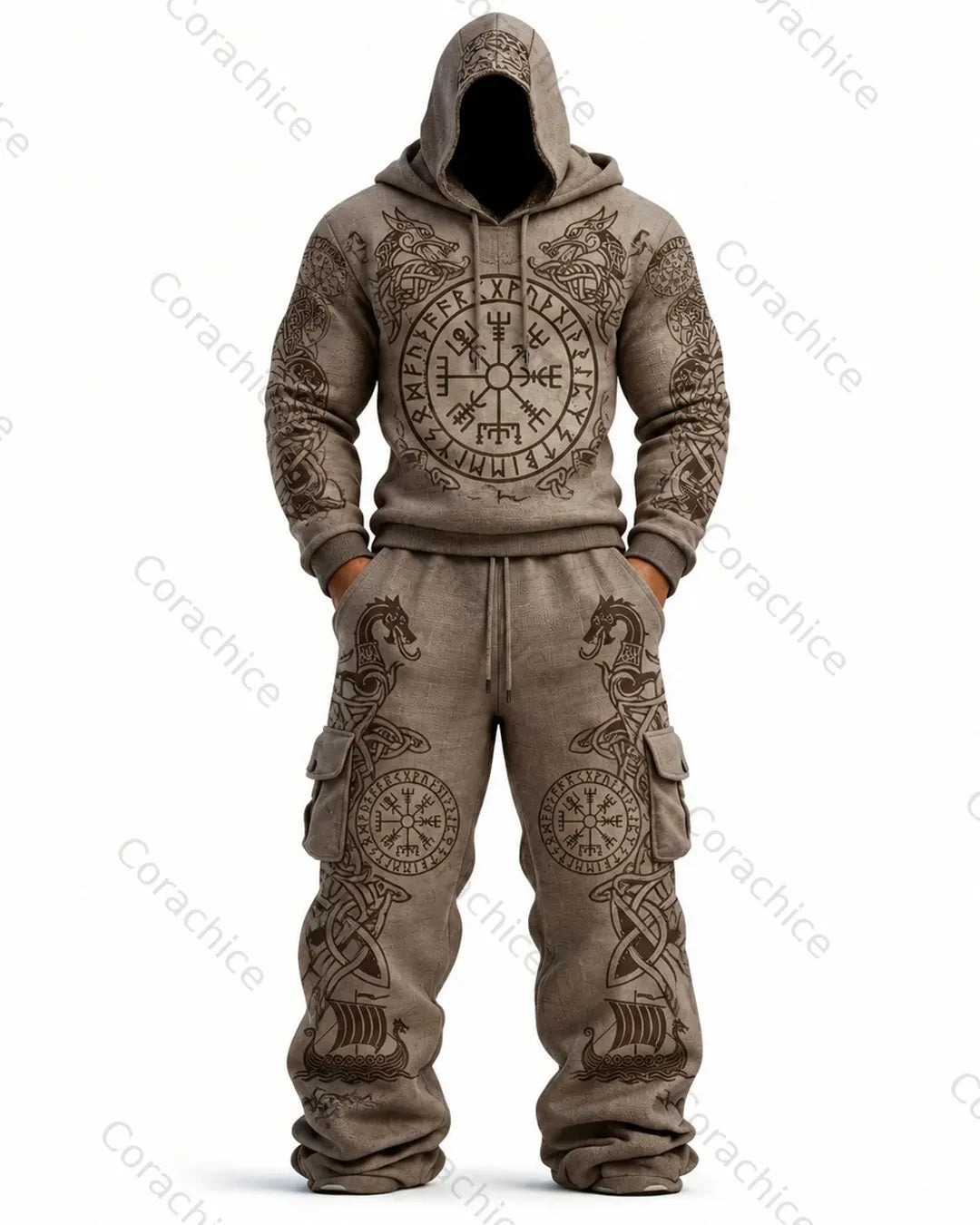 Cardydony Men's Viking Knot Print Hooded Sweatshirt and Pants Two-Piece