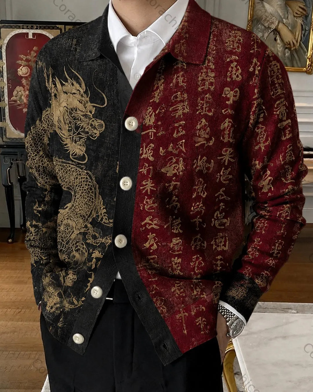 Cardydony Men's Japanese-Style Printed Casual Knitted Cardigan