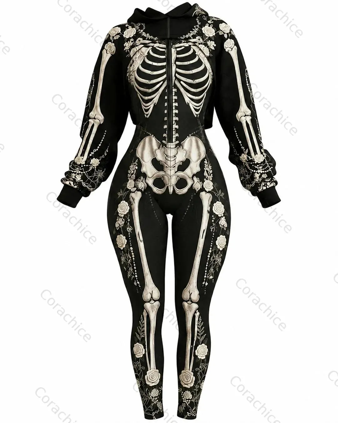 Cardydony Women's Halloween Gothic Skeleton Embroidered Irregular Cut Two-Piece Bodysuit6704