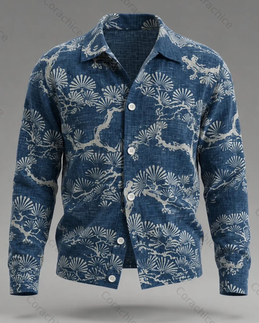 Cardydony Men's Casual Japanese-Style Printed Linen Shirt