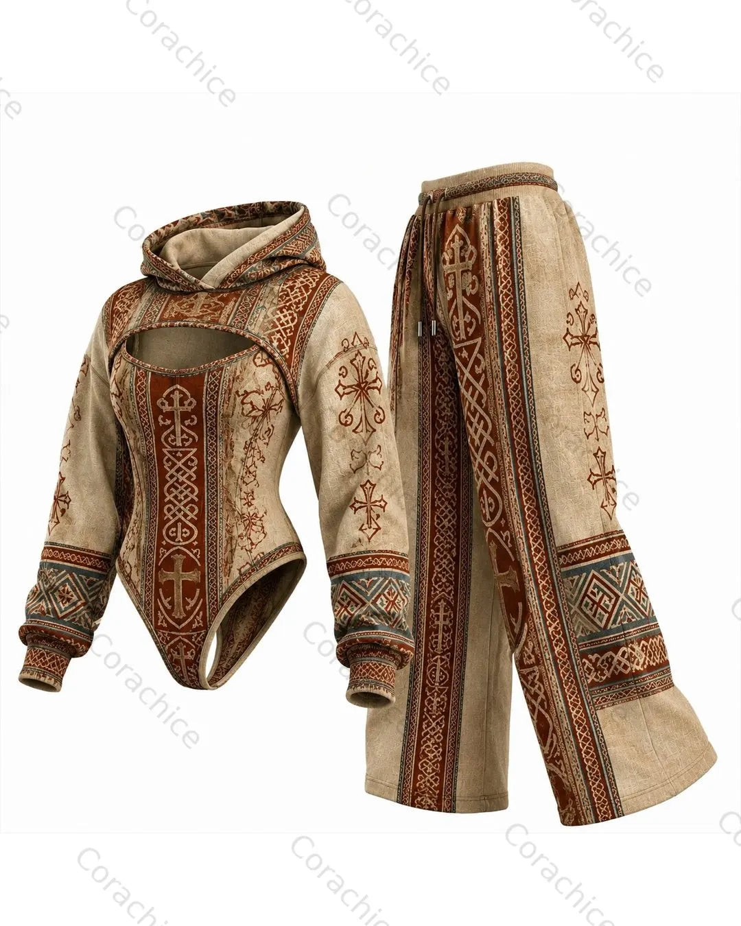 Cardydony Women's Viking Print Irregular Cut Two-Piece Jumpsuit & Pants