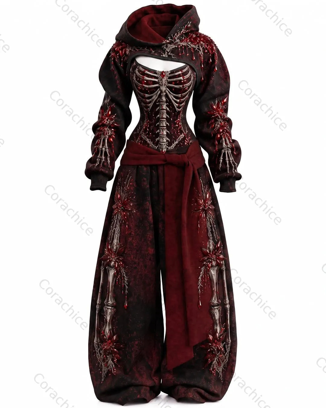 Cardydony Women's Halloween-Themed Printed Fitted Hooded Jumpsuit and Pants Two-Piece