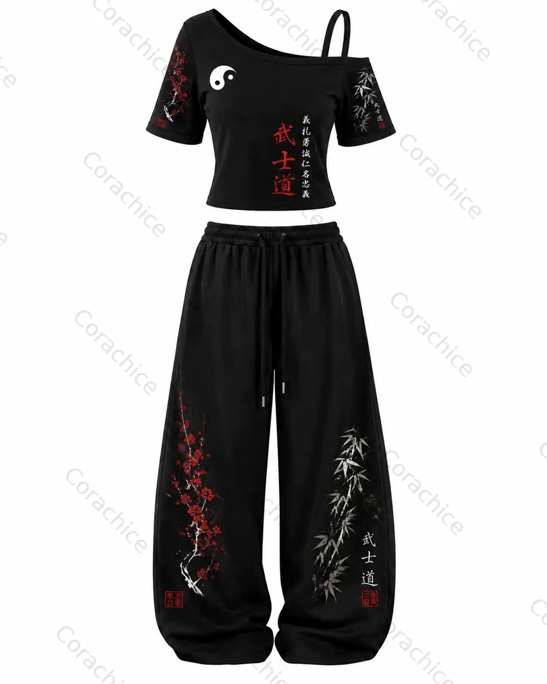 Cardydony Women's Japanese-Style Printed Cropped Off-the-Shoulder T-Shirt and Long Pants Two-Piece