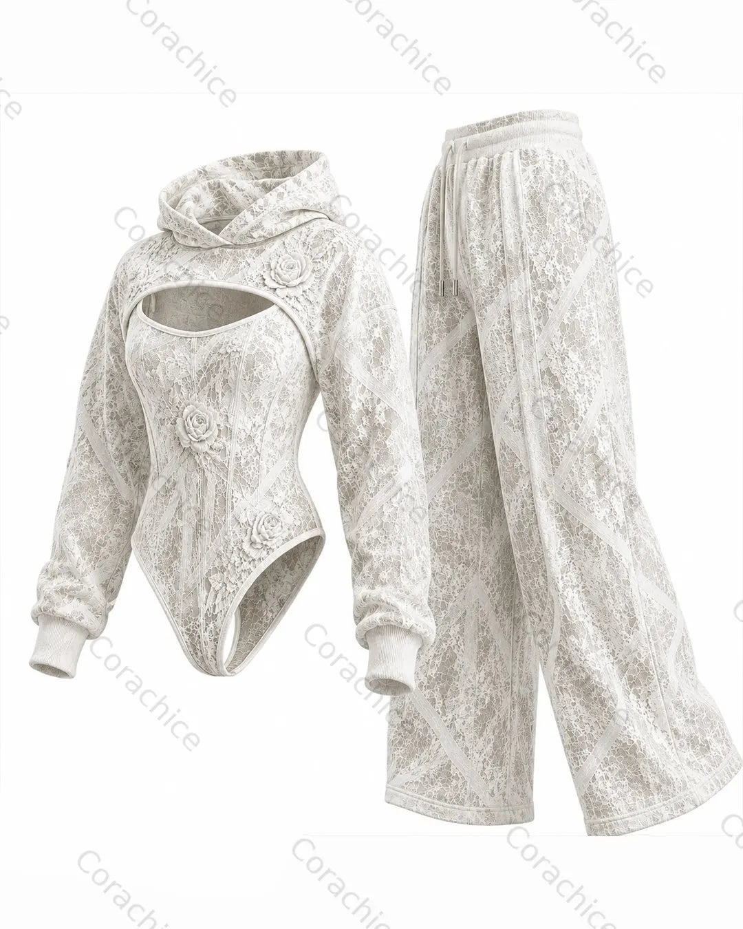 Cardydony Women's Halloween Print Irregular Cut Two-Piece Bodysuit & Pants Set
