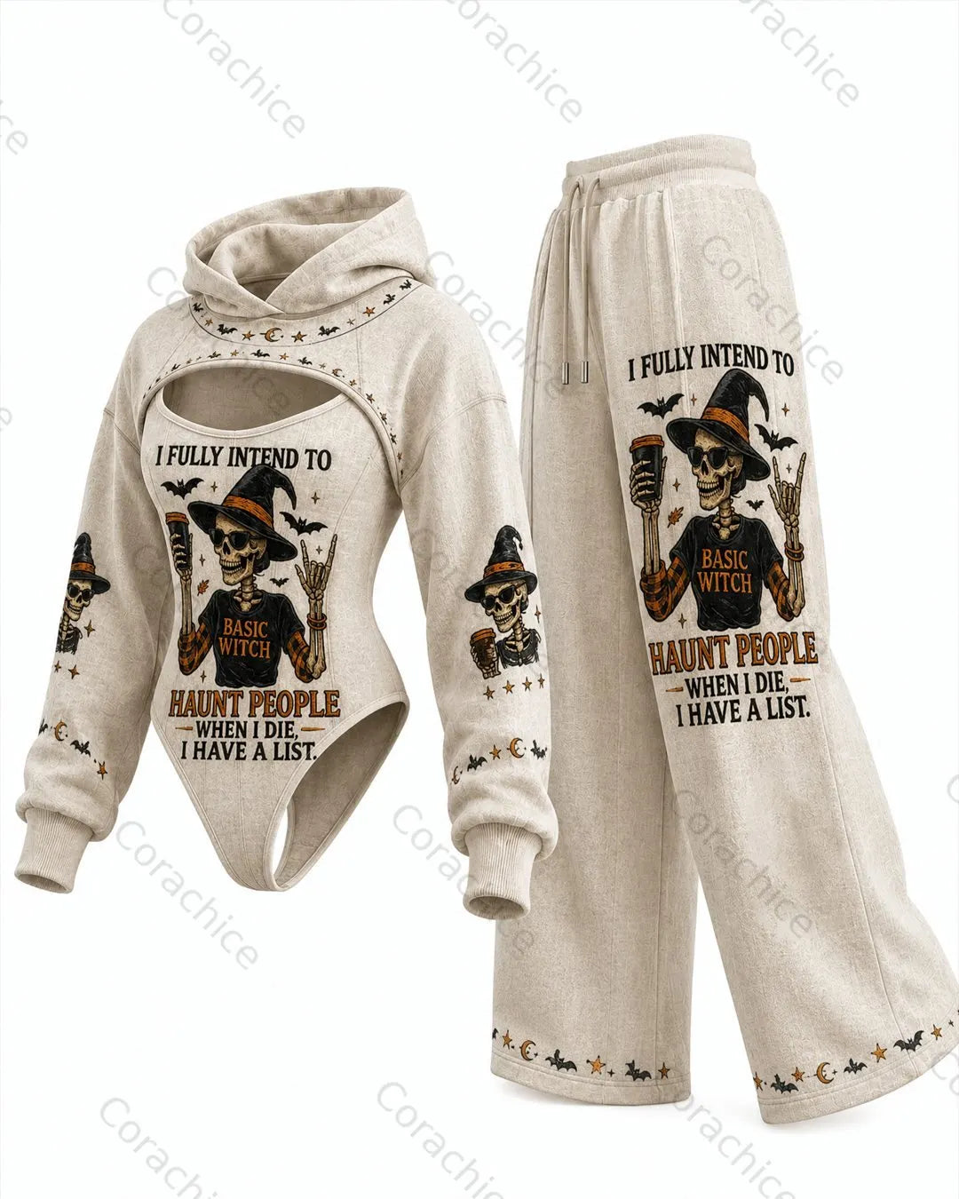 Cardydony Women's Halloween-themed witch print irregular cut two-piece bodysuit & pants