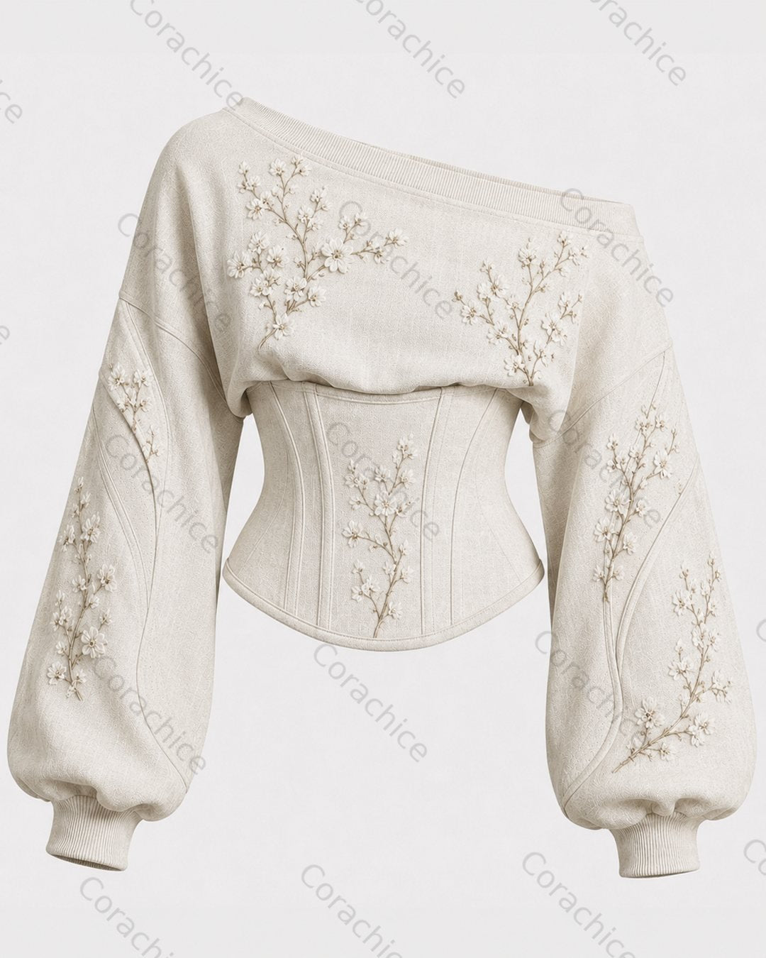 Cardydony Women's Retro Japanese Art Print Waist-cinching Long-sleeved Off-shoulder
