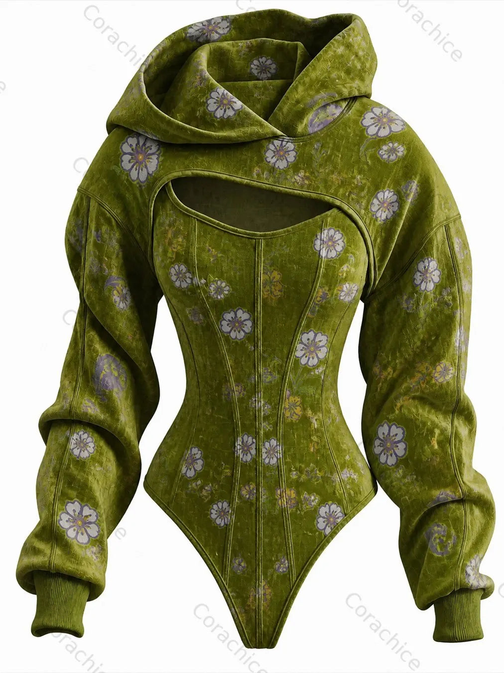 Cardydony Women's Retro Floral Art Print Irregular Cut Two-Piece Bodysuit