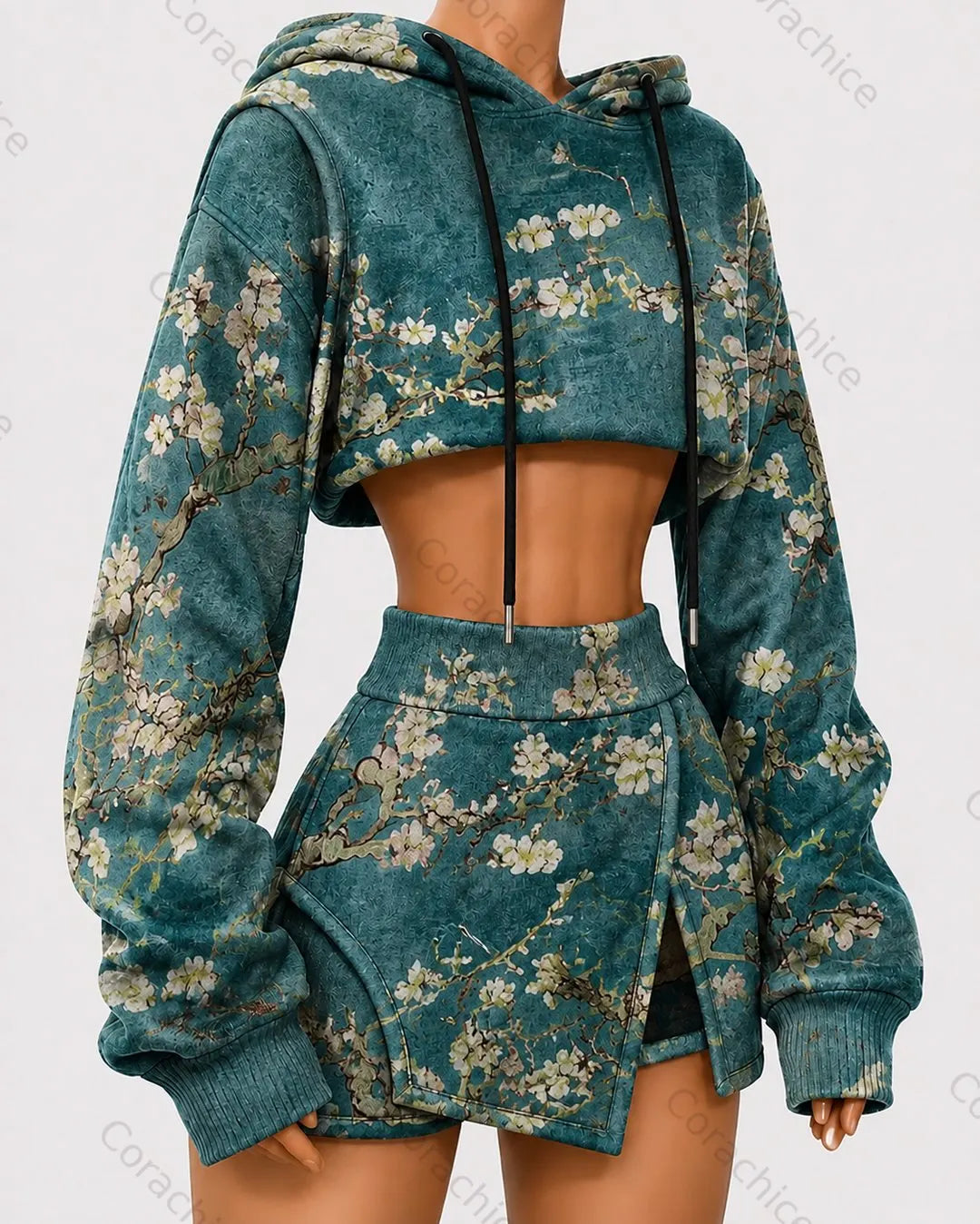 Cardydony Women's Japanese Retro Print Cotton Blend Knit Short Hooded Sweatshirt & Skirt Pants Two-Piece Set