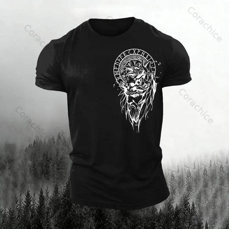 Cardydony Men's Retro Viking Rune Print Short-sleeved T-shirt