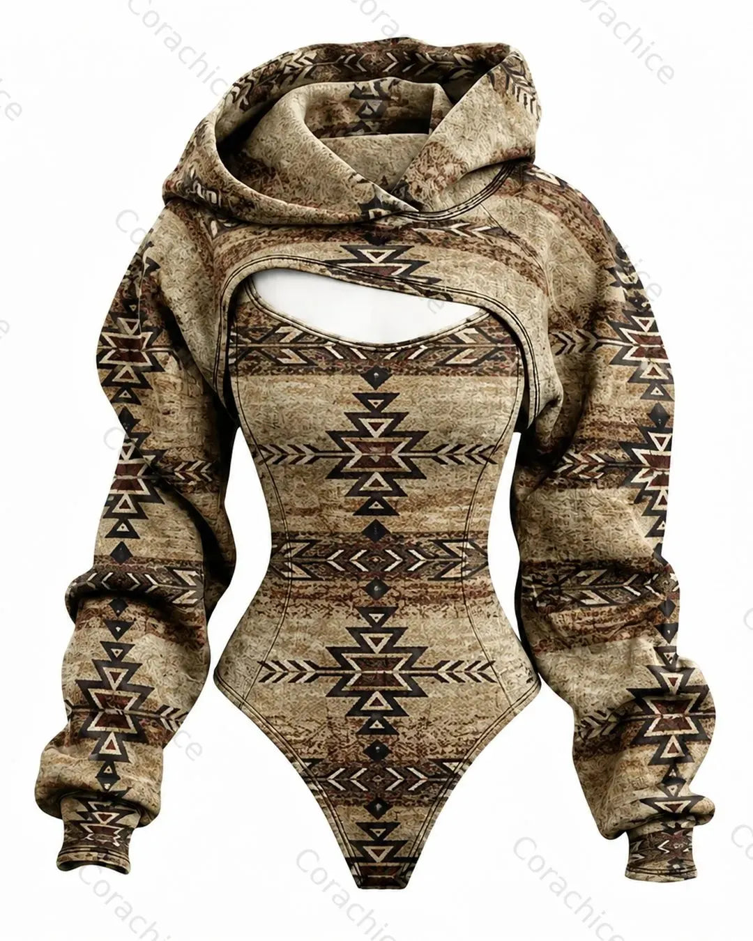 Cardydony Women's Western-Style Aztec-Print Fitted Hooded Jumpsuit
